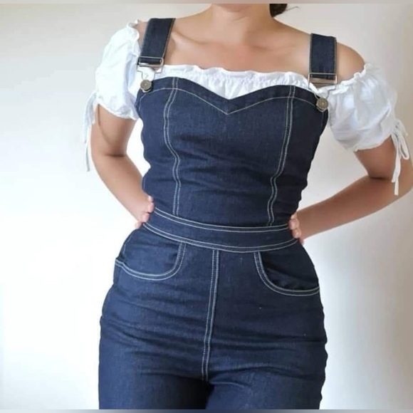 Collectif Denim - Collectif Dark Blue Denim Fitted Jeans Overalls